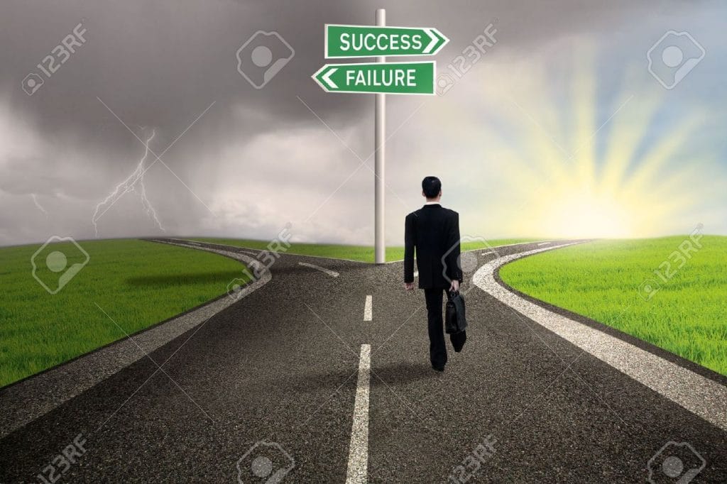 17501019 Businessman is walking on the road with a sign of success or failure Stock Photo